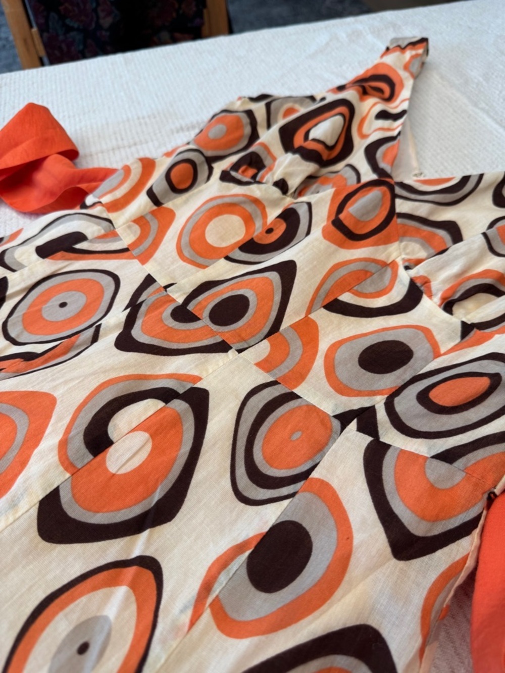 Vintage cotton and silk Retro Geo Print Orange sleeveless Dress - Picture 9 of 17